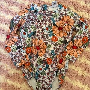 Kids Floral Long-Sleeve One-Piece Swimsuit - Orange & Blue